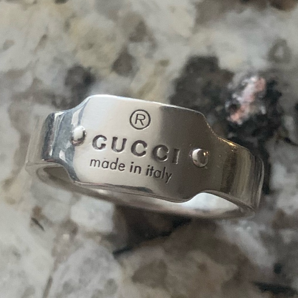 GUCCI Trademark Ring, Size 19, Sterling Silver Stamped 925, Approx. USA Size 8.5
